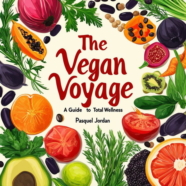 Create a vibrant and inviting printable cookbook cover titled 'The Vegan Voyage: A Guide to Total Wellness' by Pasquel Jordan, featuring fresh, natural colors, illustrations of vegetables, fruits, herbs, black beans, and chickpeas, with an elegant italic font and a clean, modern design