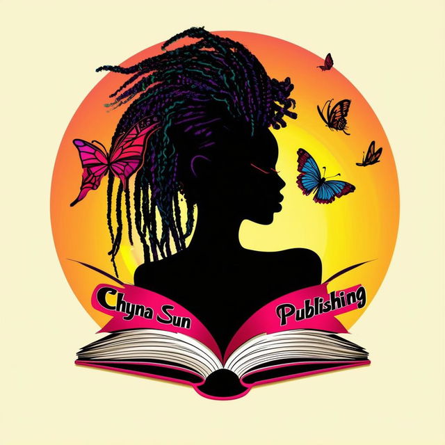 A vibrant logo for a book by Pasquel Jordan, featuring an open book with a silhouette of a woman with dreadlocks, butterflies, and the text 'Chyna Sun Publishing'