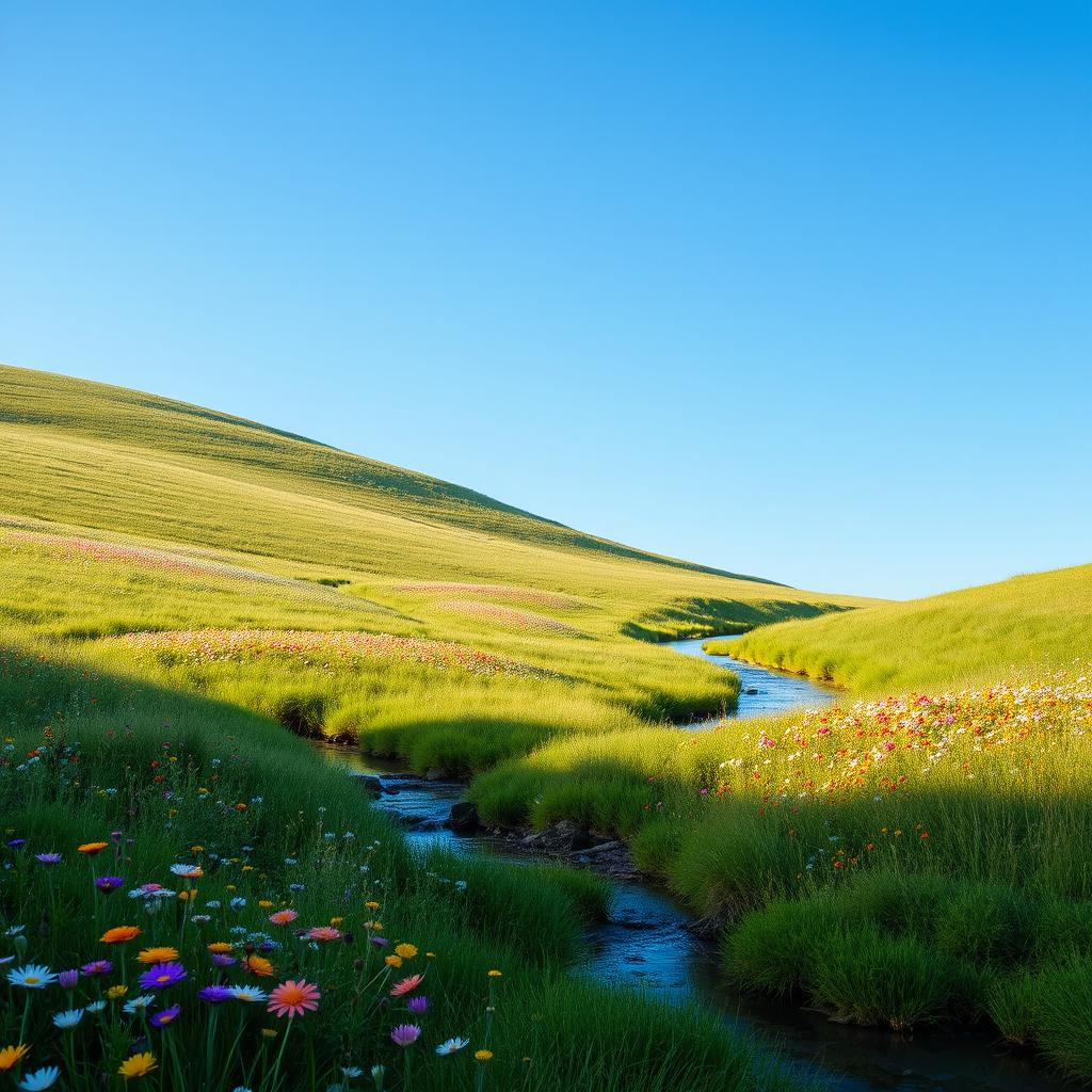 A serene landscape featuring a peaceful meadow with colorful wildflowers, a clear blue sky, and a gentle stream flowing through