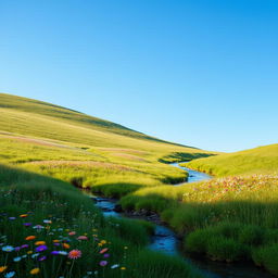 A serene landscape featuring a peaceful meadow with colorful wildflowers, a clear blue sky, and a gentle stream flowing through