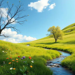 A serene landscape featuring a peaceful meadow with colorful wildflowers, a clear blue sky, and a gentle stream flowing through