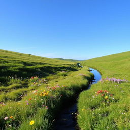 A serene landscape featuring a peaceful meadow with colorful wildflowers, a clear blue sky, and a gentle stream flowing through