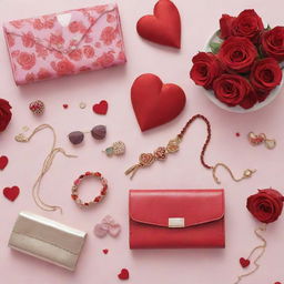 A romantic image showcasing a bullet-listed Valentine's Day gift selection from Insia. The featured products—jewelry, scarves, bags, and sunglasses—are arrayed amidst traditional Valentine's Day motifs like roses, hearts, or soft candlelight.