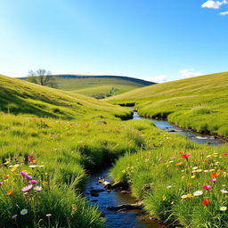 A serene landscape featuring a peaceful meadow with colorful wildflowers, a clear blue sky, and a gentle stream flowing through