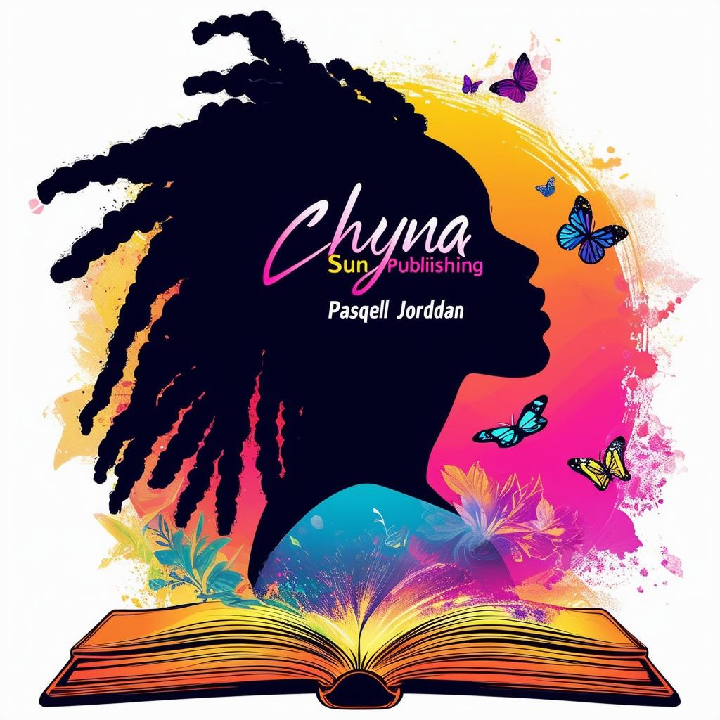 A vibrant logo for a book by Pasquel Jordan, featuring an open book with a silhouette of a woman with dreadlocks, butterflies, and the text 'Chyna Sun Publishing'