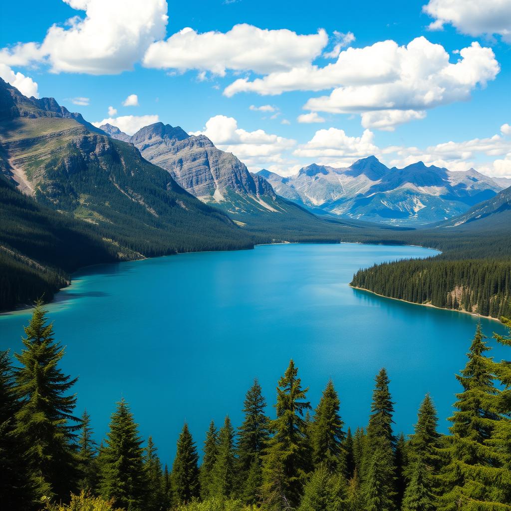 A beautiful landscape featuring a serene lake surrounded by lush green trees and majestic mountains in the background under a clear blue sky with fluffy white clouds