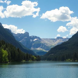 A beautiful landscape featuring a serene lake surrounded by lush green trees and majestic mountains in the background under a clear blue sky with fluffy white clouds