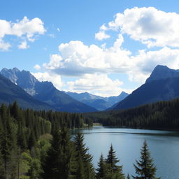 A beautiful landscape featuring a serene lake surrounded by lush green trees and majestic mountains in the background under a clear blue sky with fluffy white clouds