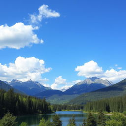 A beautiful landscape featuring a serene lake surrounded by lush green trees and majestic mountains in the background under a clear blue sky with fluffy white clouds