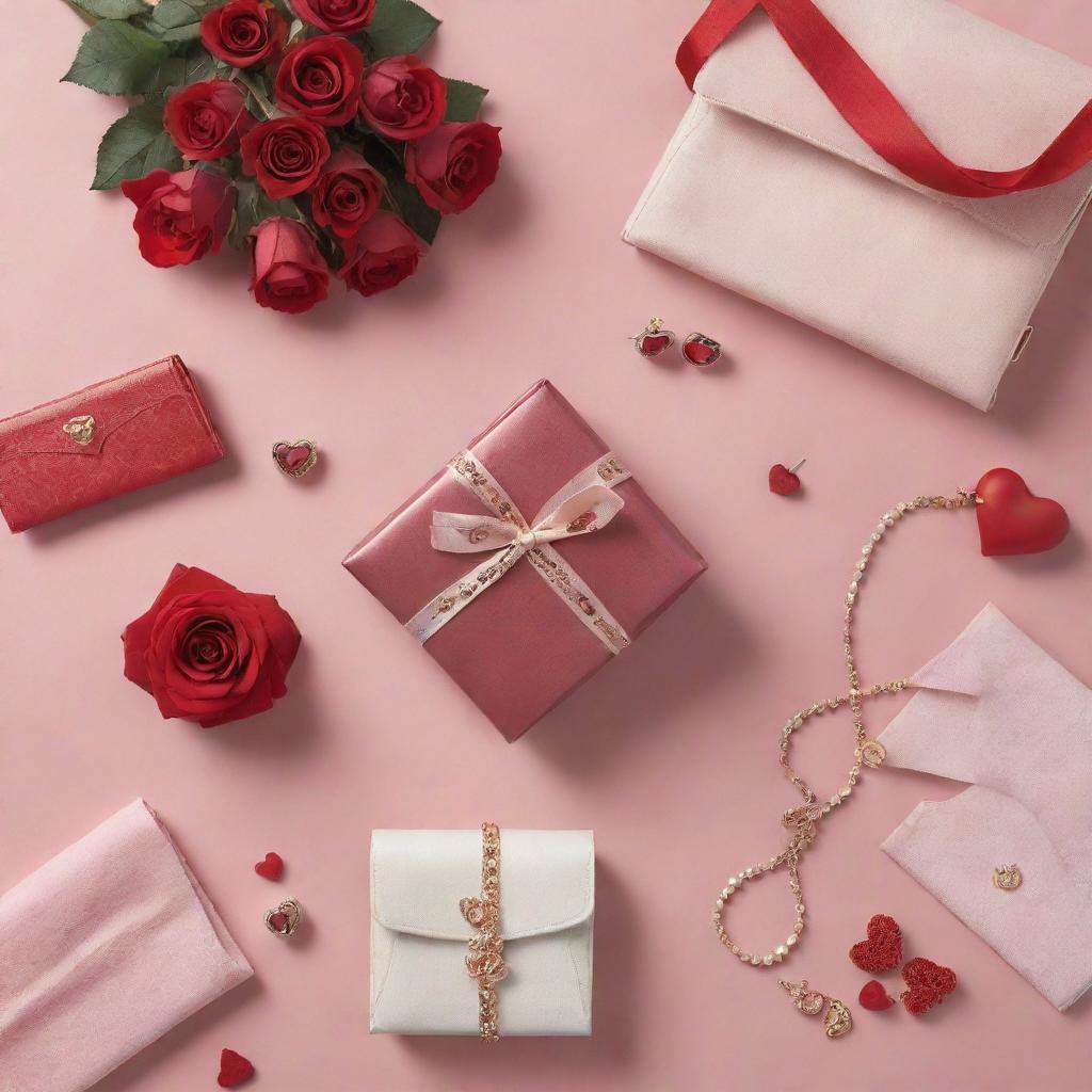 A romantic image showcasing a bullet-listed Valentine's Day gift selection from Insia. The featured products—jewelry, scarves, bags, and sunglasses—are arrayed amidst traditional Valentine's Day motifs like roses, hearts, or soft candlelight.