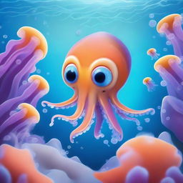 An adventurous little squid with a cute, cartoonish face exploring the magical underwater world beneath the Antarctic Ocean's ice