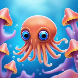 An adventurous little squid with a cute, cartoonish face exploring the magical underwater world beneath the Antarctic Ocean's ice