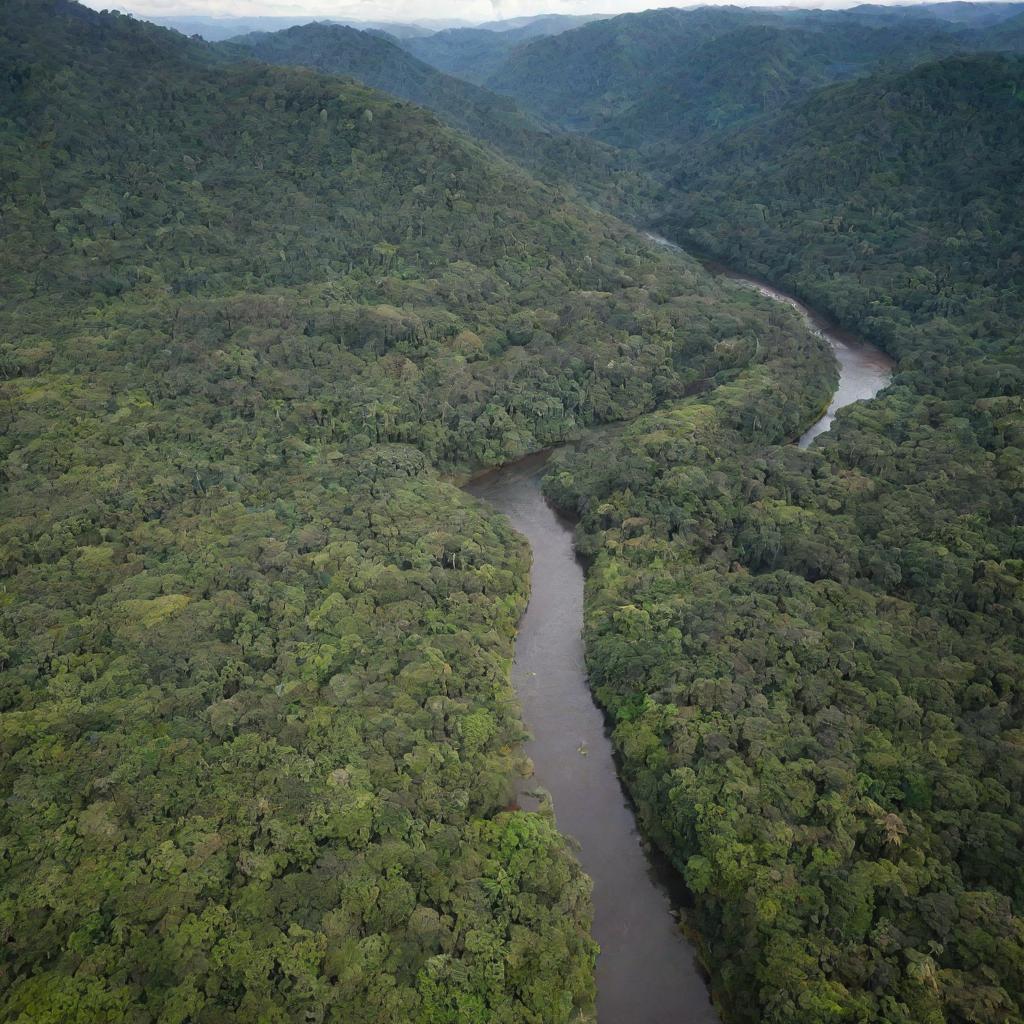 A scenic landscape of Chocó department in Colombia, with lush vegetation, vibrant wildlife, and rivers snaking through the thick jungle.