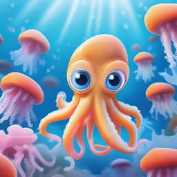 An adventurous little squid with a cute, cartoonish face exploring the magical underwater world beneath the Antarctic Ocean's ice