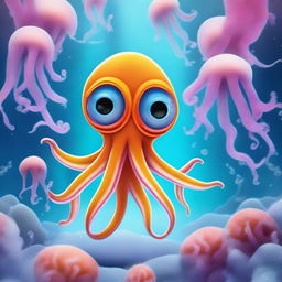 An adventurous little squid with a cute, cartoonish face exploring the magical underwater world beneath the Antarctic Ocean's ice