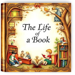 An enchanting and detailed book cover titled 'The Life of a Book'