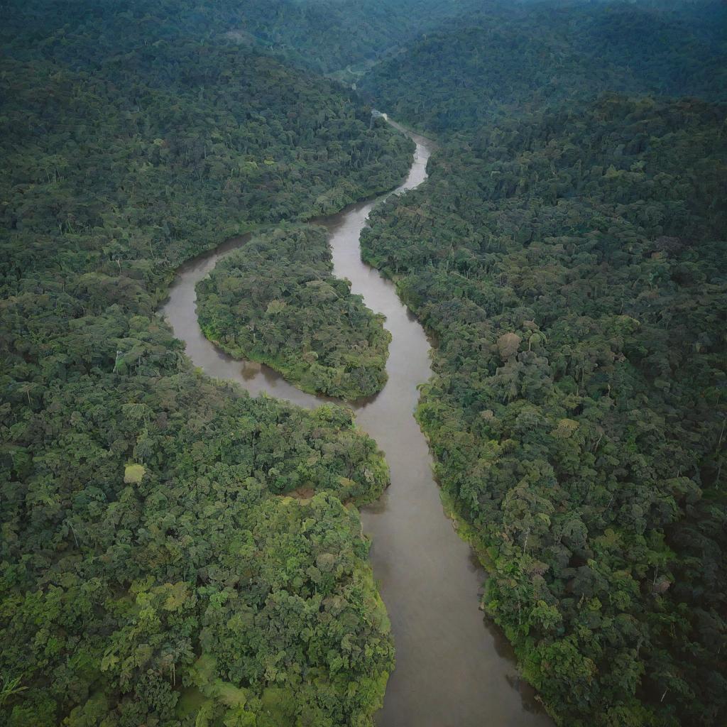 A scenic landscape of Chocó department in Colombia, with lush vegetation, vibrant wildlife, and rivers snaking through the thick jungle.