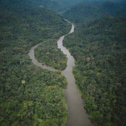 A scenic landscape of Chocó department in Colombia, with lush vegetation, vibrant wildlife, and rivers snaking through the thick jungle.