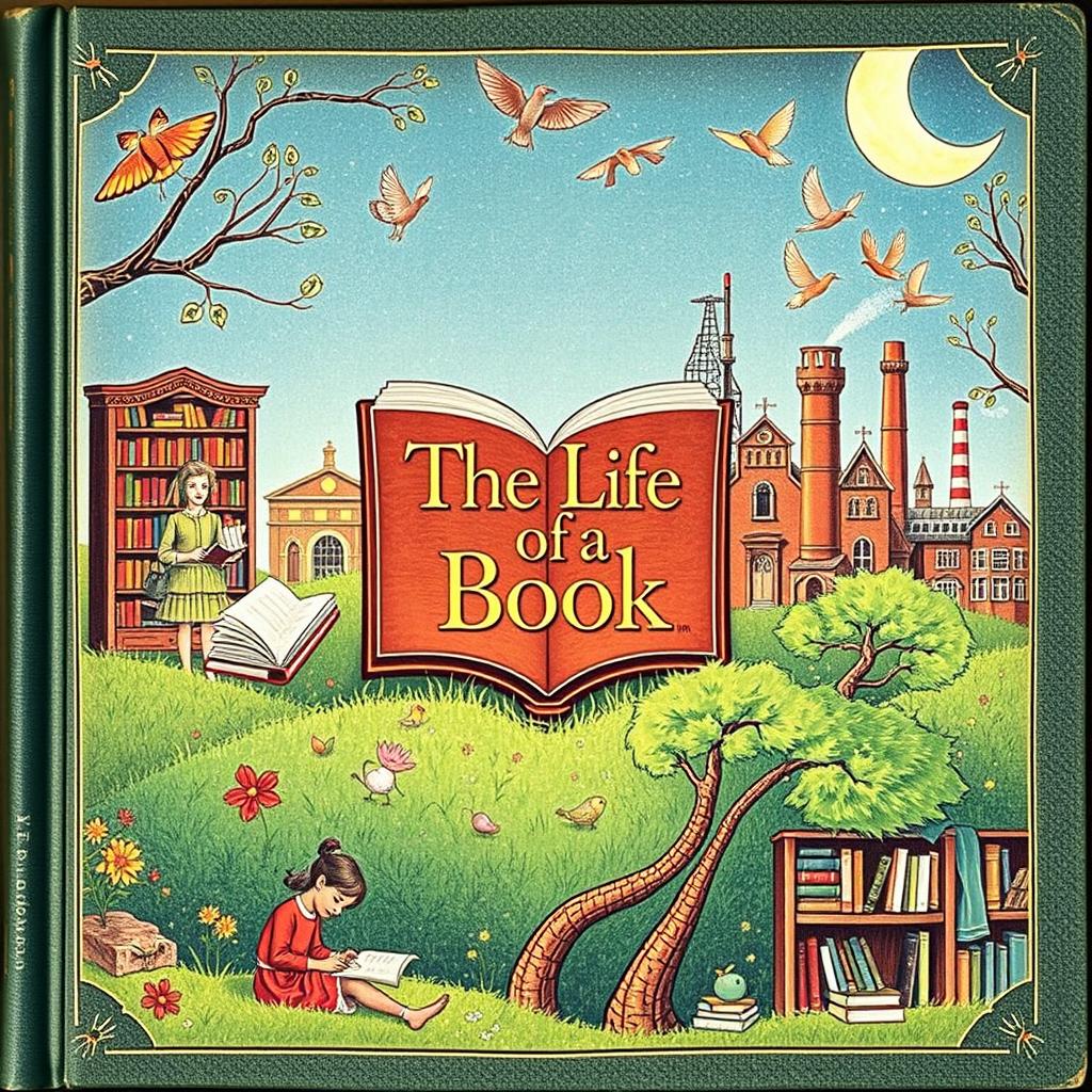 An enchanting and detailed book cover titled 'The Life of a Book'