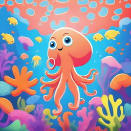 A cute and charming squid swimming in the ocean, surrounded by vibrant coral reefs