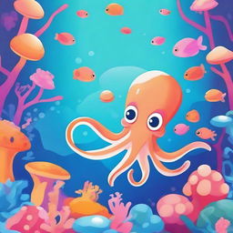 A cute and charming squid swimming in the ocean, surrounded by vibrant coral reefs