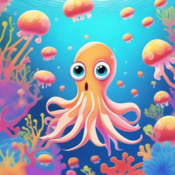 A cute and charming squid swimming in the ocean, surrounded by vibrant coral reefs