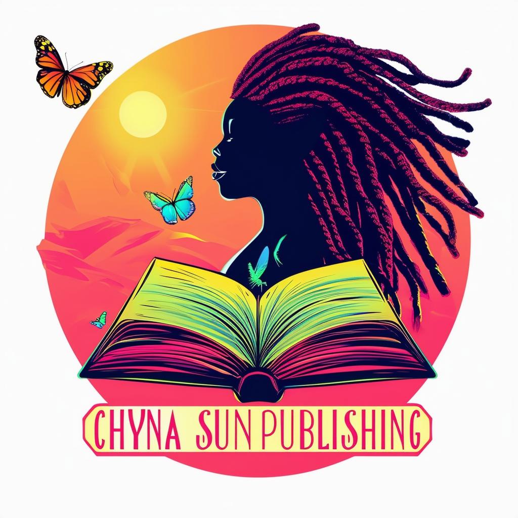 A vibrant logo for a book by Pasquel Jordan, featuring an open book with a silhouette of a woman with dreadlocks, butterflies, and the text 'Chyna Sun Publishing'