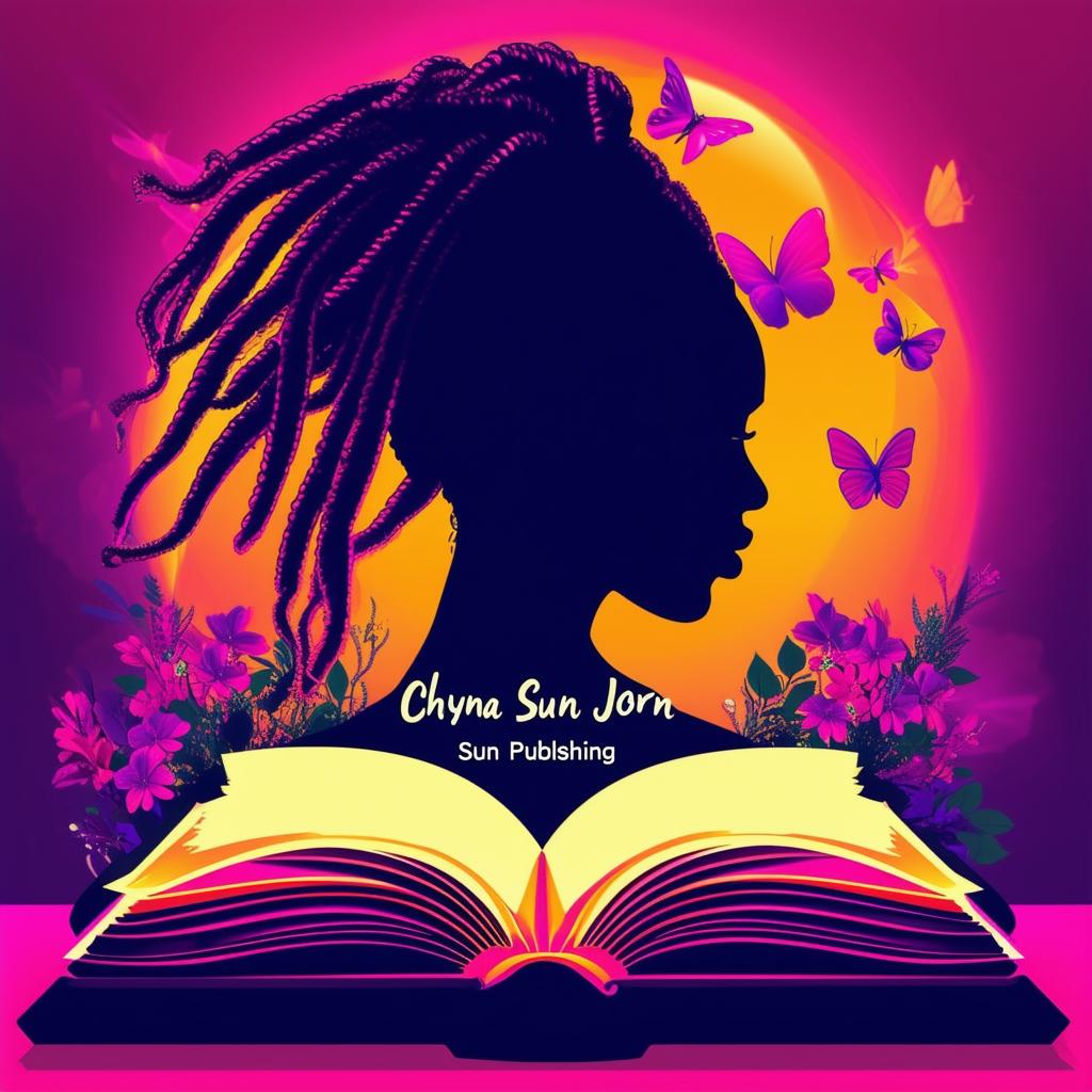 A vibrant logo for a book by Pasquel Jordan, featuring an open book with a silhouette of a woman with dreadlocks, butterflies, and the text 'Chyna Sun Publishing'