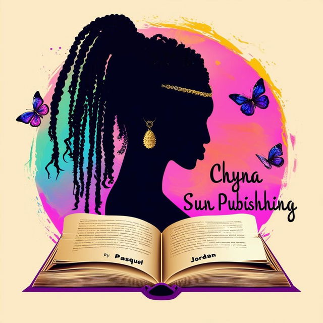 A vibrant logo for a book by Pasquel Jordan, featuring an open book with a silhouette of a woman with dreadlocks, butterflies, and the text 'Chyna Sun Publishing'