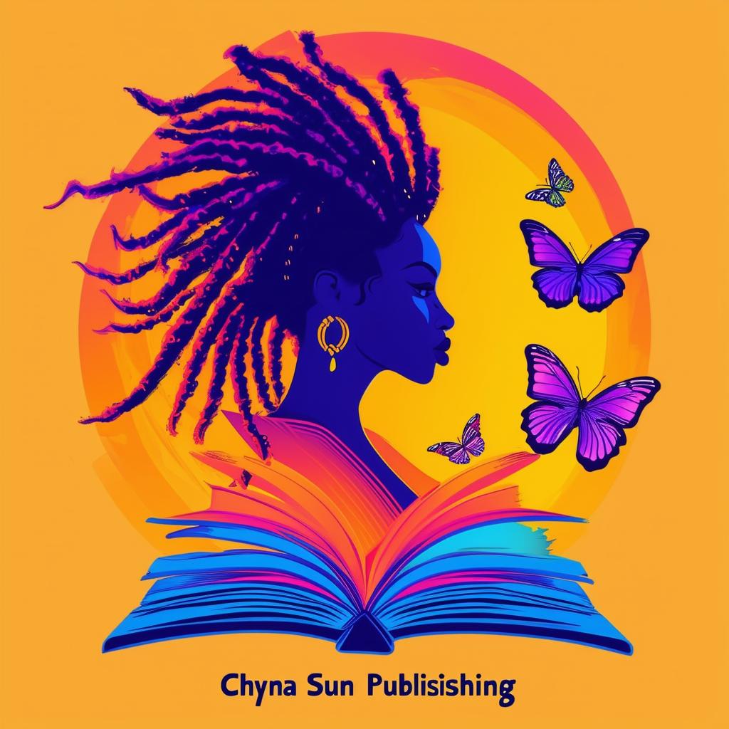 A vibrant logo for a book by Pasquel Jordan, featuring an open book with a silhouette of a woman with dreadlocks, butterflies, and the text 'Chyna Sun Publishing'