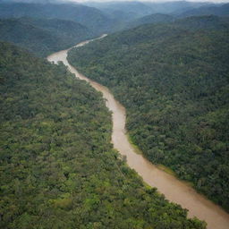 A scenic landscape of Chocó department in Colombia, with lush vegetation, vibrant wildlife, and rivers snaking through the thick jungle.