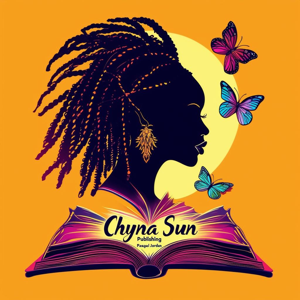 A vibrant logo for a book by Pasquel Jordan, featuring an open book with a silhouette of a woman with dreadlocks, butterflies, and the text 'Chyna Sun Publishing'