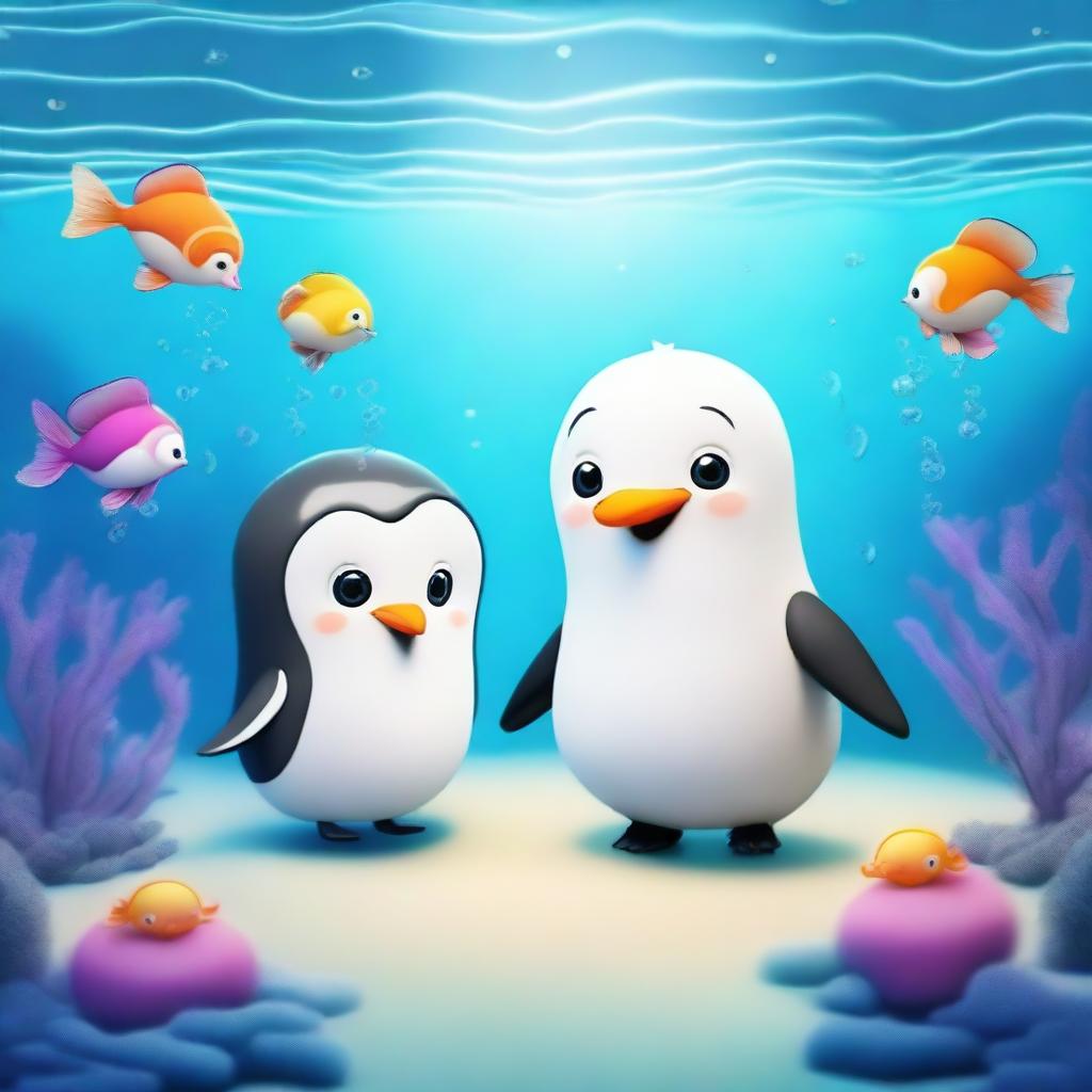 A cute and charming squid meeting an adorable penguin in a whimsical and playful underwater environment