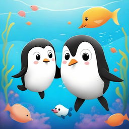 A cute and charming squid meeting an adorable penguin in a whimsical and playful underwater environment