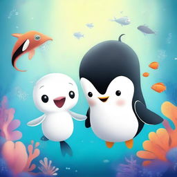 A cute and charming squid meeting an adorable penguin in a whimsical and playful underwater environment