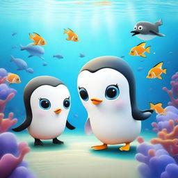 A cute and charming squid meeting an adorable penguin in a whimsical and playful underwater environment