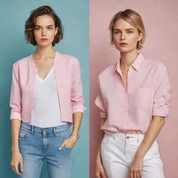 Illustrate a split image of a woman showcasing two distinct vibes: one side exuding feminine charm with girly fashion and accessories, the other side manifesting a boyish charm with an androgynous style.