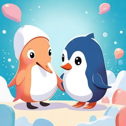 A cute and charming squid interacting with an adorable penguin in a whimsical and playful environment