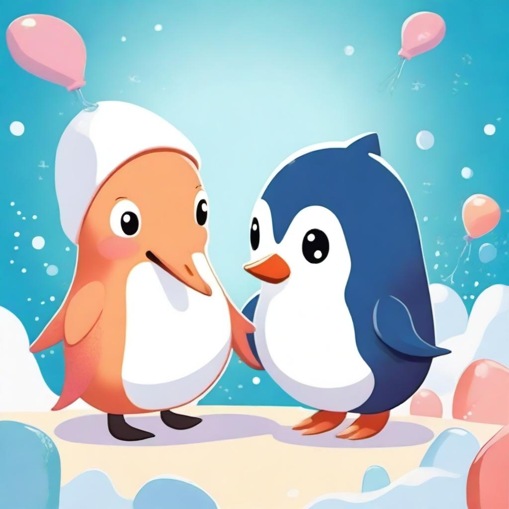A cute and charming squid interacting with an adorable penguin in a whimsical and playful environment