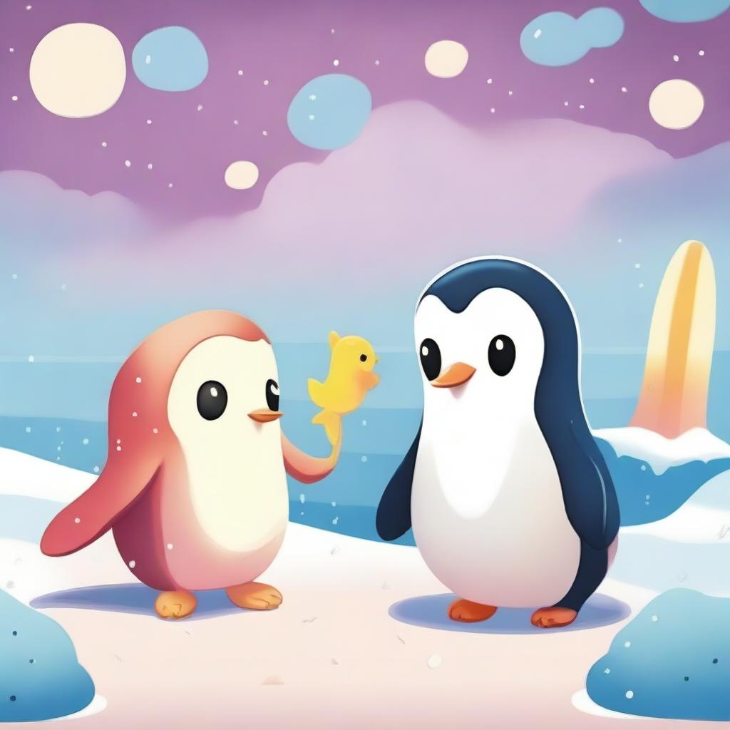 A cute and charming squid interacting with an adorable penguin in a whimsical and playful environment