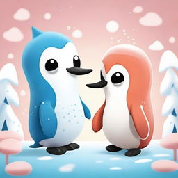 A cute and charming squid interacting with an adorable penguin in a whimsical and playful environment