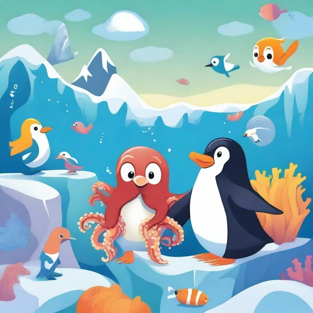 An octopus and a penguin together in a delightful and whimsical scene