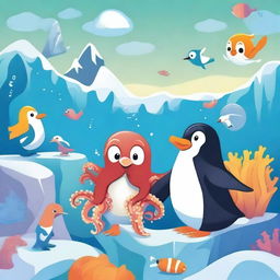 An octopus and a penguin together in a delightful and whimsical scene