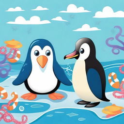 An octopus and a penguin together in a delightful and whimsical scene