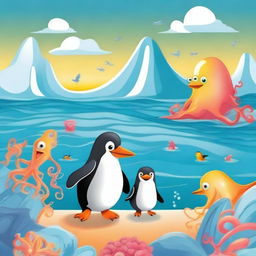 An octopus and a penguin together in a delightful and whimsical scene