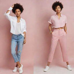 Illustrate a split image of a woman showcasing two distinct vibes: one side exuding feminine charm with girly fashion and accessories, the other side manifesting a boyish charm with an androgynous style.