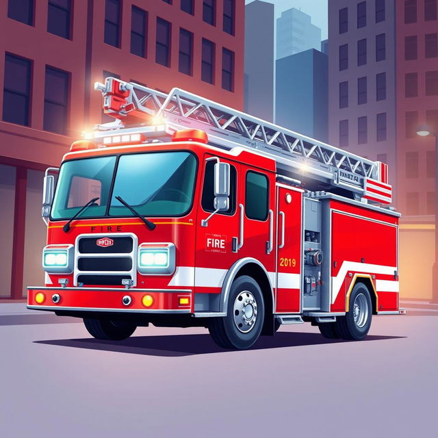 A detailed illustration of a fire truck, complete with bright red color, ladders, hoses, and emergency lights