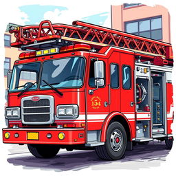 A detailed illustration of a fire truck, complete with bright red color, ladders, hoses, and emergency lights