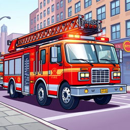 A detailed illustration of a fire truck, complete with bright red color, ladders, hoses, and emergency lights