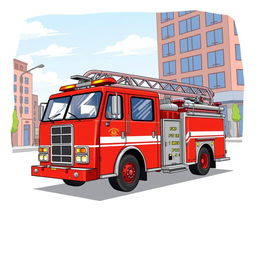 A detailed illustration of a fire truck, complete with bright red color, ladders, hoses, and emergency lights